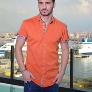 Autocratic‎ Vogue Men's Button Up Shirt Orange Stretch Short Sleeve Casual Italy